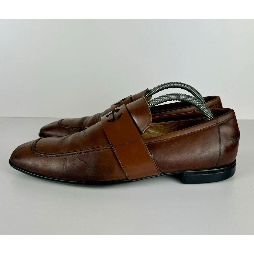 Gucci Men's Brown Leather Mila Wimbledon Logo Loafers Size‎ 6.5 Shoes